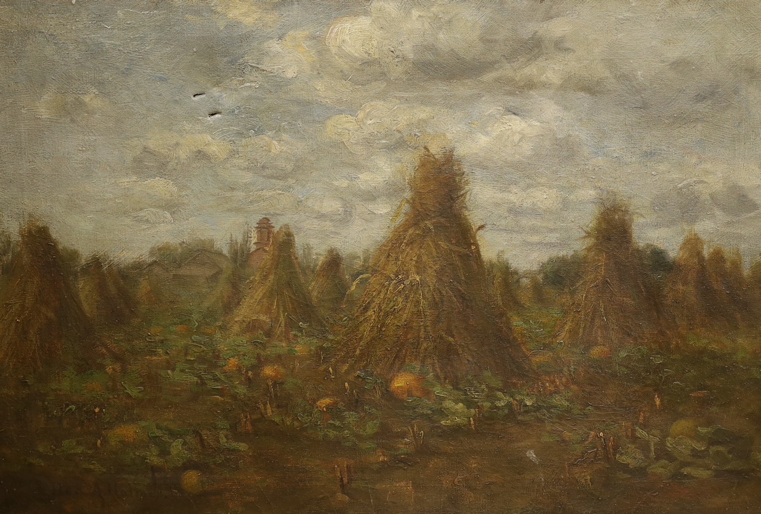 E.H. Holmes (19th C.), oil on canvas, Cornstacks and pumpkins in a field, signed and dated 1880, 51 x 77cm, unframed